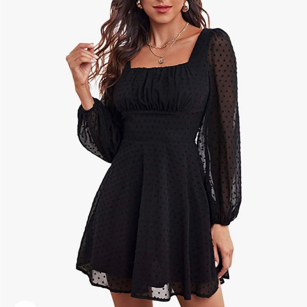 Women's Polka Dots Mesh Square Neck Bishop Sleeve Chiffon Dress